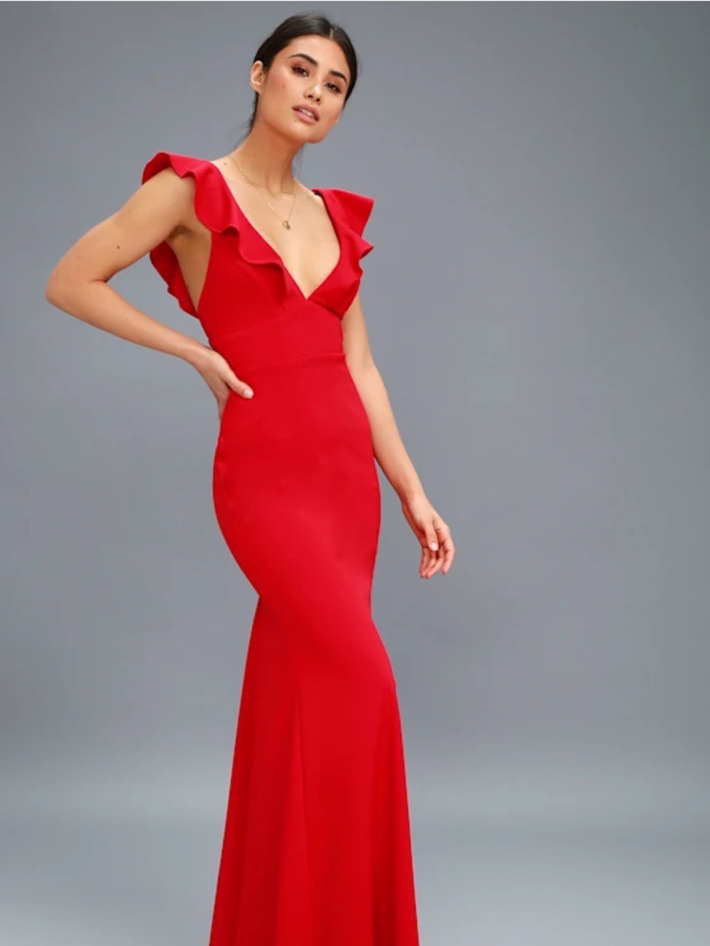 Lulu's Red Ruffle-Shoulder V-Neck Maxi Dress